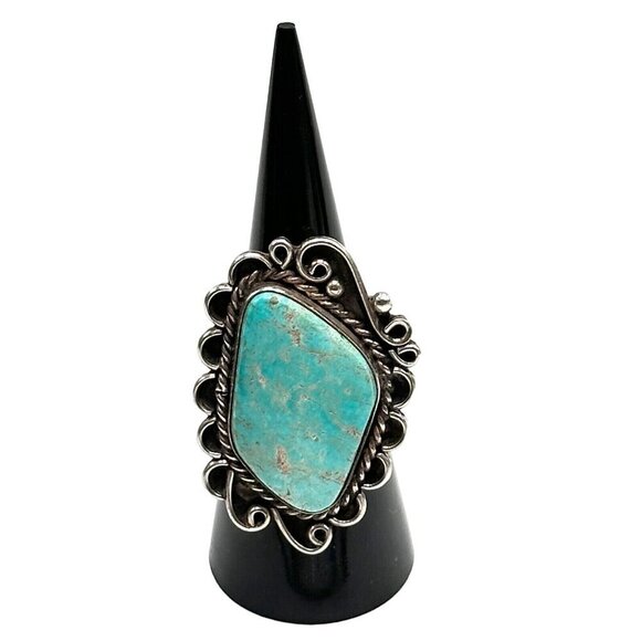 Vintage Native American Blue Turquoise Sterling Silver Ring Size 7.5 13 Grams - Picture 3 of 6